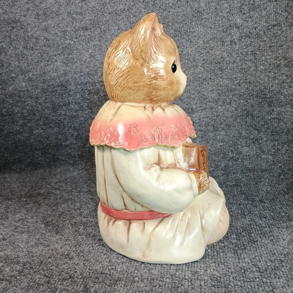 Vintage Cat Cookie Jar Japan Anthropomorphic Ceramic Kitten Pink Book Floral